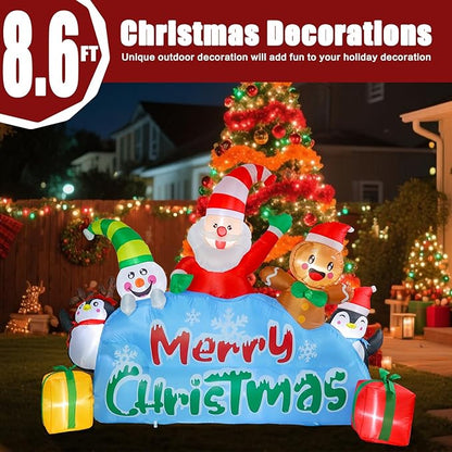VCUTEKA Christmas Inflatables Outdoor Decorations, 8.6FT Blow Up Santa Claus, Penguins, Snowman, Gingerbread Man, Animated Christmas Inflatable Yard Decoration with LED Lights for Holiday Lawn Garden