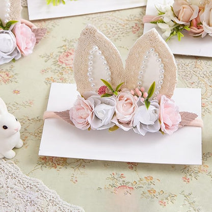 KIDOCHEESE Baby Girl Floral Easter Bunny Ears Headband Rabbit Ears Nylon Hairband for Newborn Infant Toddler Easter Hair Accessories Gift