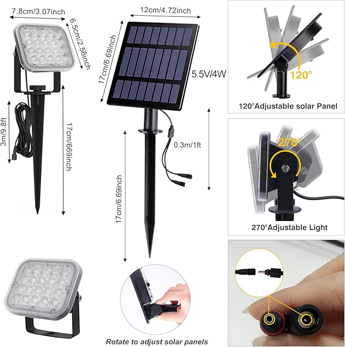 Solar Spot Lights Outdoor, 20 LED IP65 Waterproof Landscape Lighting, Dusk-to-Dawn 3000K Warm White Solar Outdoor Lights for Yard Garden Driveway Porch Walkway, 2-in-1