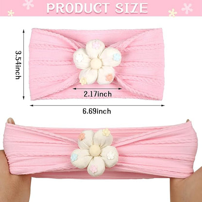 MIUXUESO 3 Piece Baby Girls Flower Headband, Florals Nylon Headband Soft Comfortable Elasticity Hairbands Baby Shower Newborn Essentials for Infant Toddlers (Yellow Pink White)