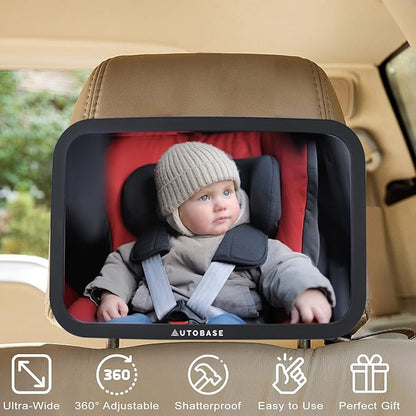 Autobase Baby Car Mirror | Shatterproof Baby Mirror for Car Seat Rear Facing with Wide Crystal Clear View | Fully Assembled Car Mirror for Baby | Newborn Essentials for Travel | Baby Registry Items