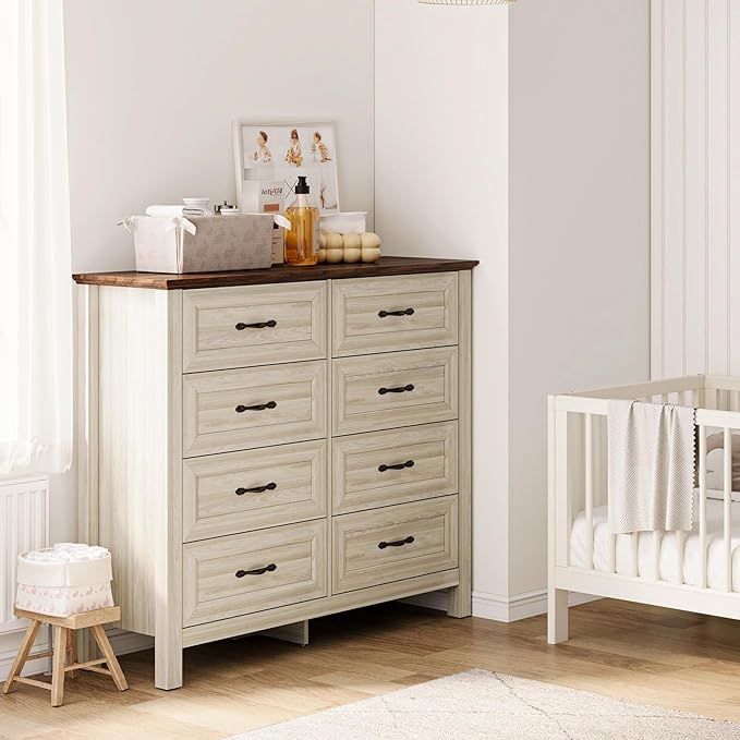 LINSY HOME Dresser for Bedroom with 8 Drawers, Updated Wide Chest of Drawers, Modern Farmhouse Bedroom Tall Dresser with Storage Organizer, Wooden Dressers for Living Room, Beige