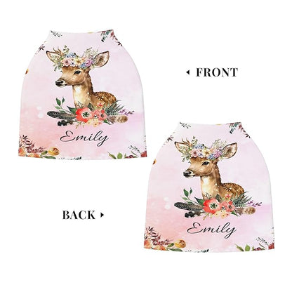 Personalized Deer Baby Car Seat Cover with Name,Multi-Use Canopy for Nursing, Strollers,Shopping Carts,Customized Breastfeeding Cover, Full Privacy,Infant Stroller Cover