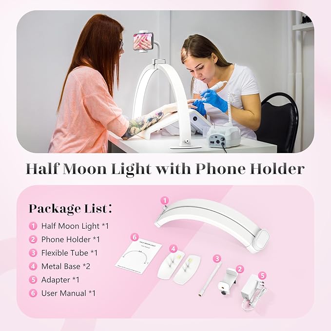 Yokilly Half Moon Light for Nail Desk: 23" Foldable Half Moon Desk Lamp with Phone Holder for Beginner - Arch Nail Tech Light with 3 Color Modes & 10 Brightness for Manicure Salon (White, Small)