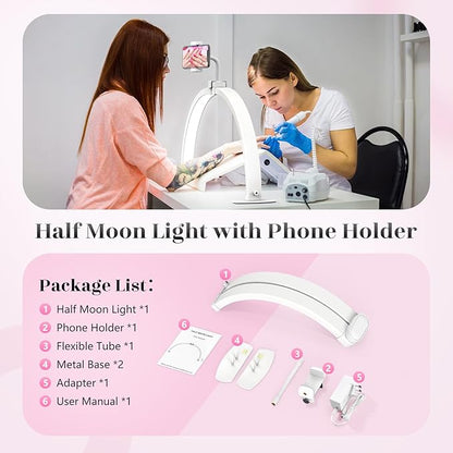 Yokilly Half Moon Light for Nail Desk: 23" Foldable Half Moon Desk Lamp with Phone Holder for Beginner - Arch Nail Tech Light with 3 Color Modes & 10 Brightness for Manicure Salon (White, Small)