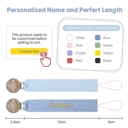 TYRY.HU Personalized Pacifier Clip with Name, Embroidery Pacifier Holder for Baby Girls and Boys, Neutral Binky Clips Universally Fit All Pacifiers, Baby Gift, 2 Pack(Blue,Light Blue)