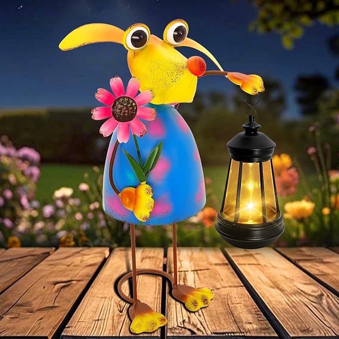 Garden Decor Dog Solar Statues, Unique Garden Statues Dog with Solar Lantern Waterproof, Birthday Gifts for Women Mom Grandma,Front Patio Balcony Yard Art Lawn Ornaments Porch Outdoor Decorations