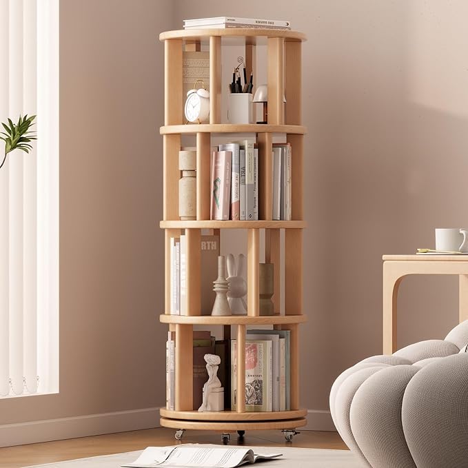 Solid Wood Rotating Bookshelf on Wheels, 4 Tier, Round Revolving Bookcase, 360° Spinning Book Shelf Tower for Kids, Narrow Rolling Bookshelves for Small Space, Corner, Bedroom, Office, Natural