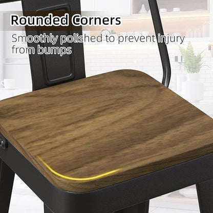 Black Bar Stools Set of 4, Metal Bar Stools with Wooden Seat, Modern 24”Counter Height Barstools with Low Back
