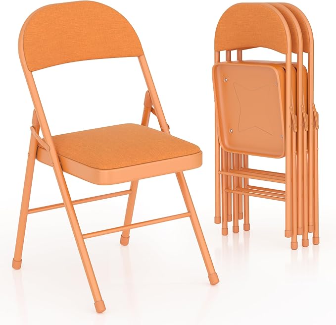 VECELO Padded Folding Chairs 4 Pack, Comfortable Cushioned Seat & Backrest with Steel Frame, for Office, Indoor Outdoor, Commercial Events, Orange