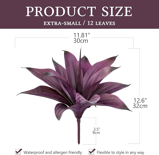 Artificial Flowers for Outdoors Artificial Agave Fake Plants Faux Agave Artificial Plants Outdoor Fake Flowers Outdoor Faux Plants Indoor Uv Resistant Artificial Plants 12In(Purple，2pcs)