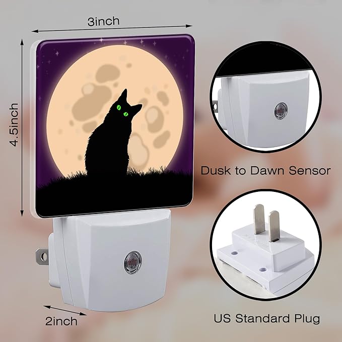 Halloween Spooky Black Cat Night Light Plug into Wall, Cat sit on Moon Dusk to Dawn Night Light,0.5w Energy Saving Sleep Friendly Nightlights for Kids Boys Girls Home Decor