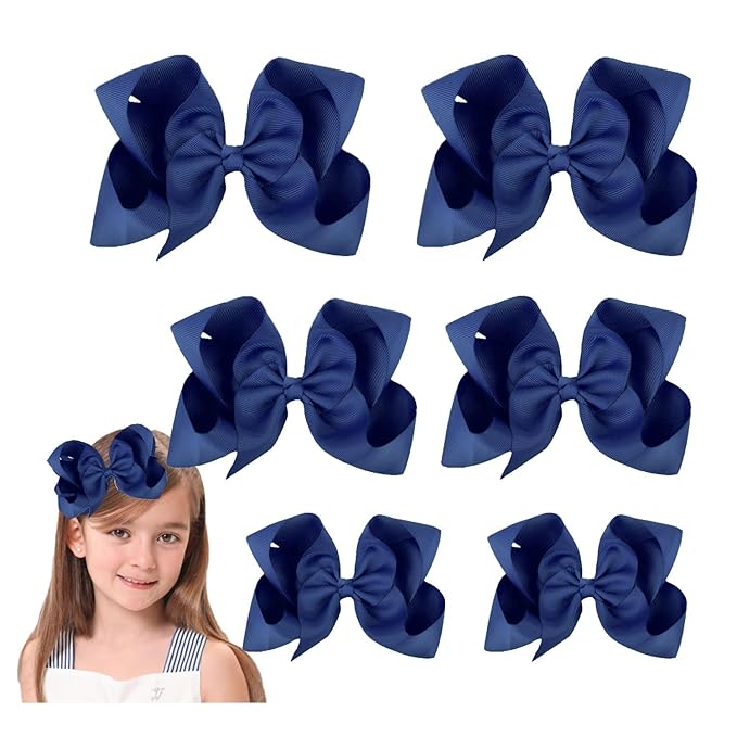 Navy Blue Hair Bow For Girls and Toddler - 6 pcs Grosgrain Alligator hair bows clips (6inch ×2, 4inch ×2, 3inch ×2)