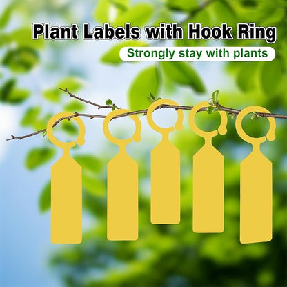 Plant Labels Yuanling 100Pcs Plastic Waterproof Plant Tree Tags Nursery Garden Markers for Indoor Outdoor Gardening Plants Vegetables Flowers Potted (Yellow Color with 1 Marker Pen)