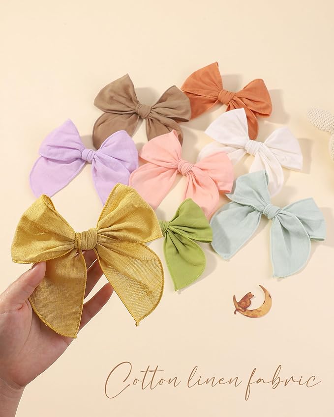 doboi 8PCS Baby Girls Hair Clips Fable Hair Bows Cotton Linen Bows for Girls Hair Accessories for Baby Toddlers Kids