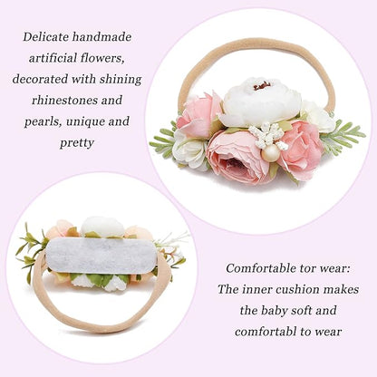 Baby Girl Flower Headband 4 PCS Elastic Hairbands Handmade Nylon Bows Headbands Chic Floral Hair Accessories Kids Gifts for Newborn Infant Toddlers