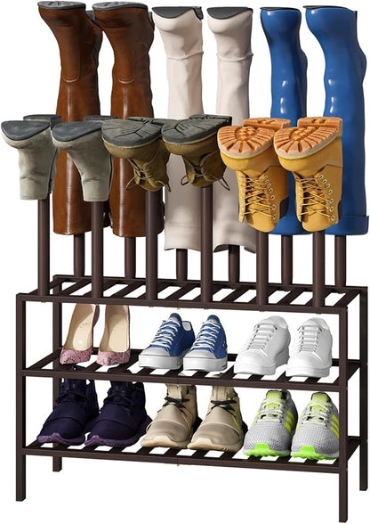 Boot Rack, Brown Boot Rack Organizer Tall Boots with Shoe Rack for Closet, Bamboo Wood Shoe Shelf Storage Organizer for Entryway Space