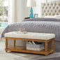24KF Large Rectangular Upholstered Tufted Bed Bench, Linen Fabric Storage Ottoman Bench for Living Room, Padded Entryway Bench with Solid Wood Shelf,5098-Ivory