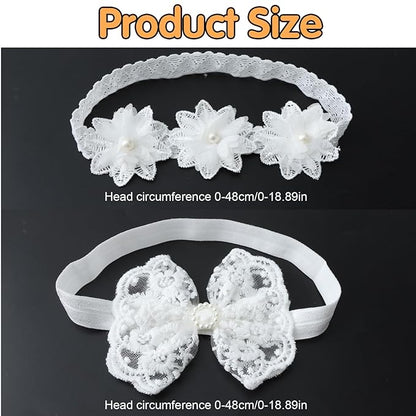 2 Pack 18-20in Elegant White Flower Christening Headbands for Baby Girl, Elastic Soft Lace with Cute Tulle Pearl Hair Strap (White flowers)