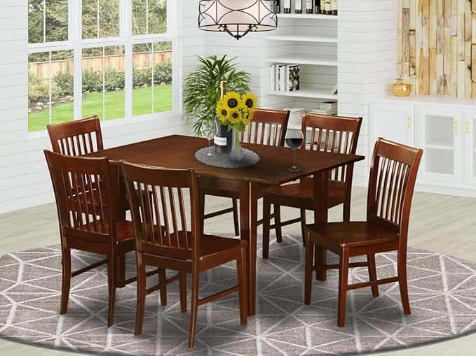 East West Furniture PSNO7-MAH-W 7 Piece Dining Table Set Consist of a Rectangle Dining Room Table with Butterfly Leaf and 6 Wooden Seat Chairs, 32x60 Inch, Mahogany