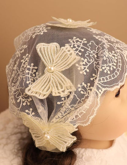Baby Girls Headband Lacy Bow Pearl Wide Hair Band Turban for Infants Newborn Toddler Floral Ivory Elastic Head Wrap Breathable Sun Bonnet Hair Accessories (Ivory B)