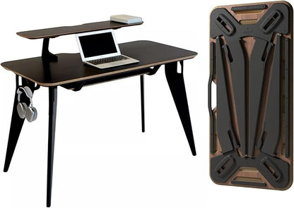 HOEK Student Desk Bundle, 47.5" x 23", Collapsible Dorm or Home Study Desk with Monitor Shelf, Under Shelf, Side Hook and Wall Storage, Portable Table with Easy Tool-Free Setup (Black/Black)
