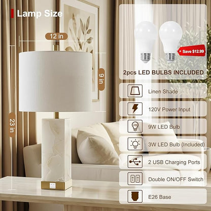 Scenekoy 23" Alabaster Table Lamps Set of 2 for Living Room Bedroom, Bedside Lamps with USB A+C Ports, Modern Table Lamp with Linen Shade for Living Room Bedroom Nightstand (Bulbs Included)
