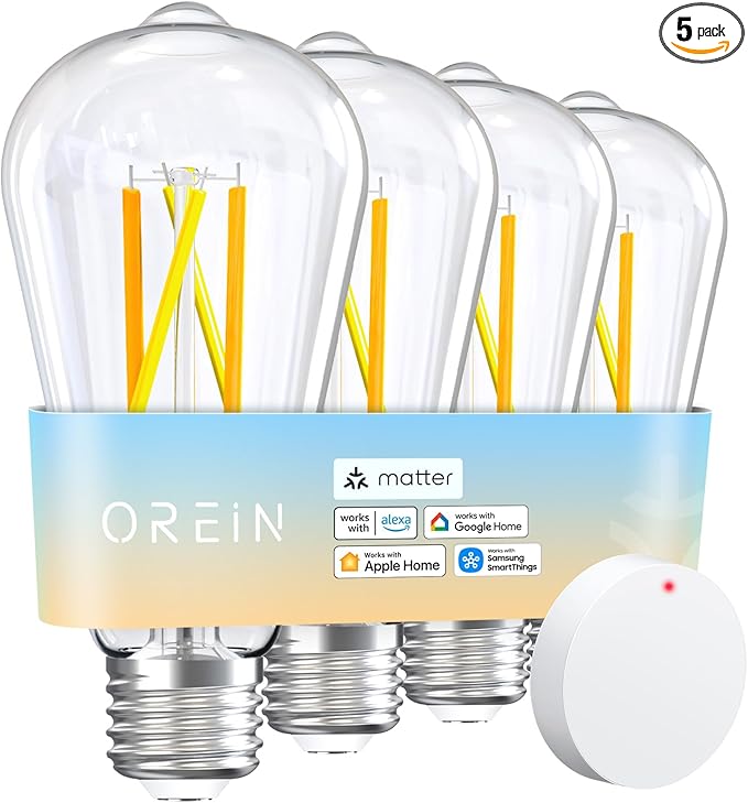 OREiN Matter Smart Light Bulb, ST19(58) Smart Edison Bulbs with Remote Control Work with Apple Home, Alexa, Google Home, SmartThings, 800lm 2700K-6500K Smart Filament Bulb E26 Base 4Pack