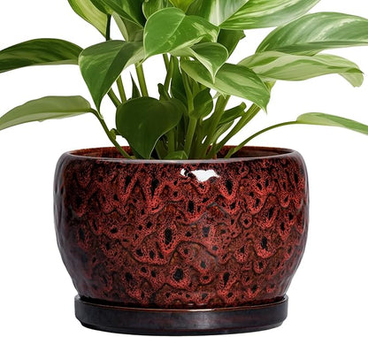 SQOWL Ceramic Plant Pots - 8 inch Planter with Drainage Hole and Tray, Round Ceramic Planter for Indoor Outdoor, Modern Decorative Flower Pot, Home Room House Decor, Plant Lovers Gifts, Red