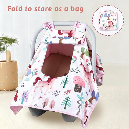 Car Seat Cover Baby,Man Fai Sky Infant Car Seat Covers Girl with Breathable Mesh Peep Window,Windproof and Peek-Proof Newborn Carrier Canopy for 4 Seasons,Pink