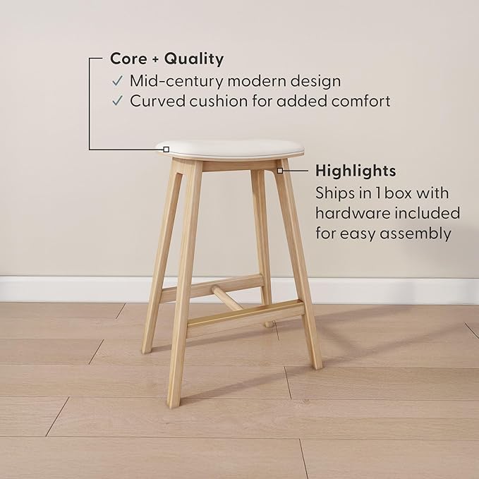 Plank+Beam Beryl Counter Height Stool - Mid-Century Modern Rubberwood Bar Stool with Faux Leather Seat, Metal Footrest, Easy Assembly, Blonde/Sesame
