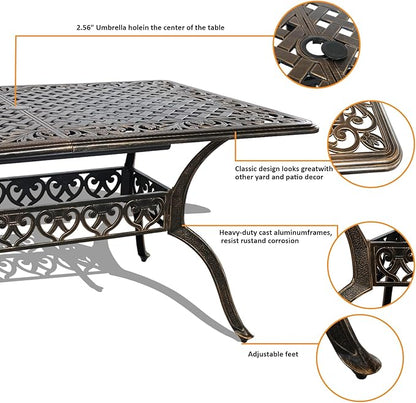 60" Rectangular Patio Dining Tables for 6 Person Cast Aluminum Round PatioTable with 2.5" Umbrella Hole, Wrought Iron Patio Bistro Table Metal Outdoor Bistro Dining Table for Garden,Bronze