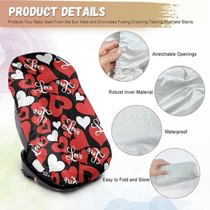 Valentines Day Car Accessories Car Seat Cover Baby Car Seat Sun Shade Cover with Red Heart Print, Tear-Resistant Baby Seat Covers Keep Baby Cool and Child Safety for Travel, Easy to Install