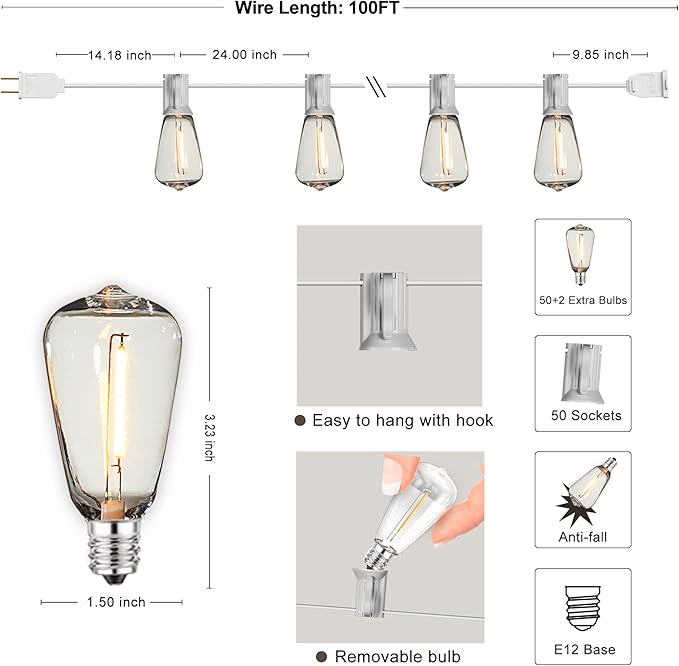 DAMAING LED Outdoor String Lights 100FT Patio Lights with 52 Shatterproof Edison Bulbs,Dimmable Hanging Lights,Waterproof String Lights for Outside Wedding,Bistro,Porch,Backyard,2200K