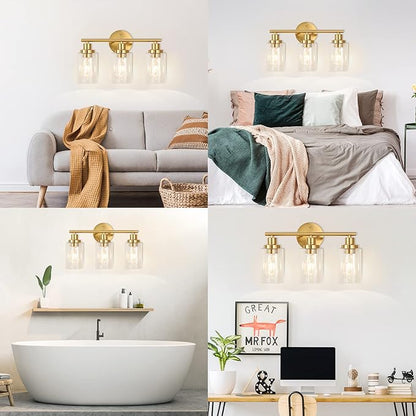 Brushed Brass Bathroom Wall Light Fixtures 3 Lights Vanity Wall Sconce with Clear Glass Shade Modern Farmhouse Wall Lamp for Bathroom Mirror Kitchen Living Room Workshop