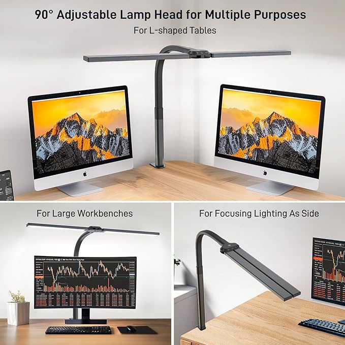 LED Desk Lamp for Home Office, Eye-Caring Desk Light with Clamp, 24W Double Head Architect Task Lamp Stepless Dimming, Flexible Gooseneck Bright Table Lamp for Study Reading Workbench Drafting
