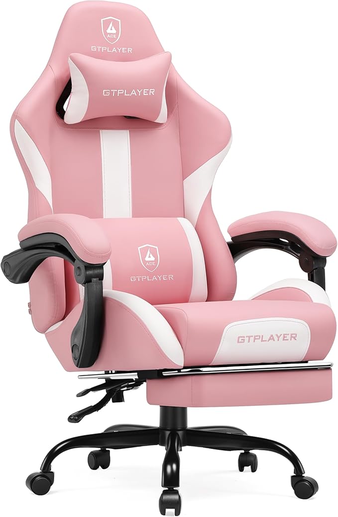 GTRACING Gaming Chair with Foot Rest & Pocket Spring Cushion, Ergonomic High Back Computer Chair with Headrest & 360°-Swivel Seat for Home Office Desk, PU Leather, Pink