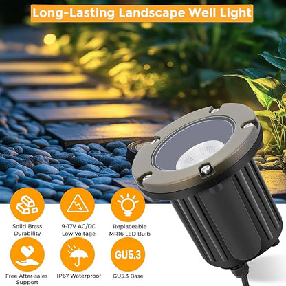 Gardencoin Brass Low Voltage Landscape Well Lights (5" Cover, 5.5" Tall), 12V LED Wired In-Ground Outdoor Up Lighting Fixture Waterproof, Adjustable Beam Direction Base, Without MR16 Bulb (12 Pack)