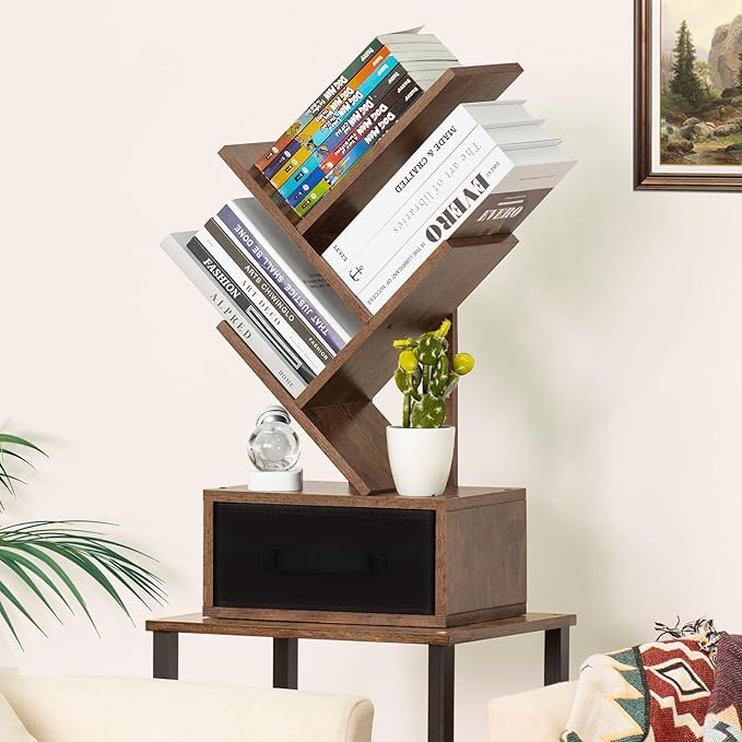 Small Bookshelf with Drawer,4 Tier Tree Book Shelf,Wood Desk Bookshelves,Modern Free Standing Desktop Display Shelves,Brown Floor Standing Organizer Bookcase for Living Room,Bedroom,Office
