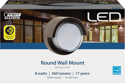 Feit Electric Outdoor LED Wall Sconce, Round Wall Mount Light Fixture, Dusk-to-Dawn, 5000K Daylight, Hardwired, Bronze Finish, Polycarbonate Lens, 50,000-Hour Lifetime, S5RWM/850/DD/BZ