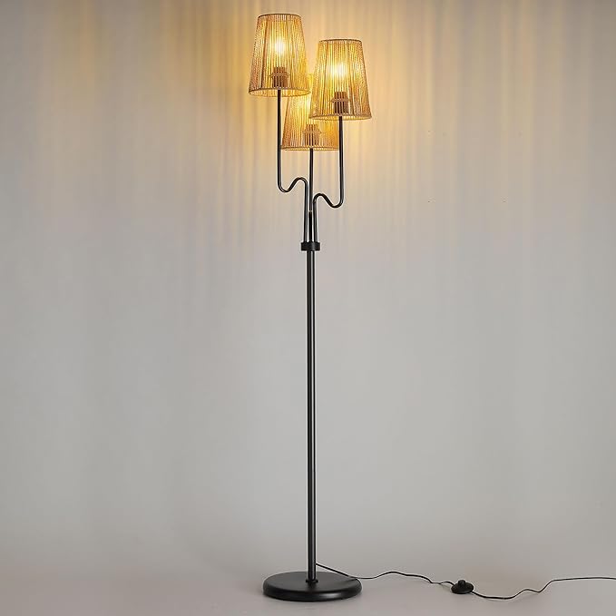 Boho Floor Lamp, 68in. Rattan Floor Lamps with Rattan Shade,3 Light Tree Standing Lamp for Bedroom,Nursery,E26 Socket, Living Room Floor Lamp for Rustic,Coastal, Beach or Bohemian Decor (Black)