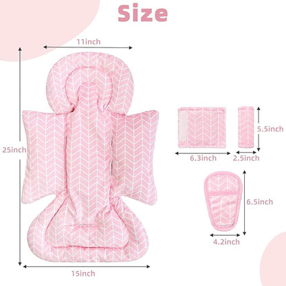 4 in 1 Infant Car Seat Insert, Baby Car Seat Head Body Support for Girls & Boys, Reversible Newborn Car Seat Insert with 3 Extra Strap Paddings, Premature Car Seat Cushion (Stripes Pink)