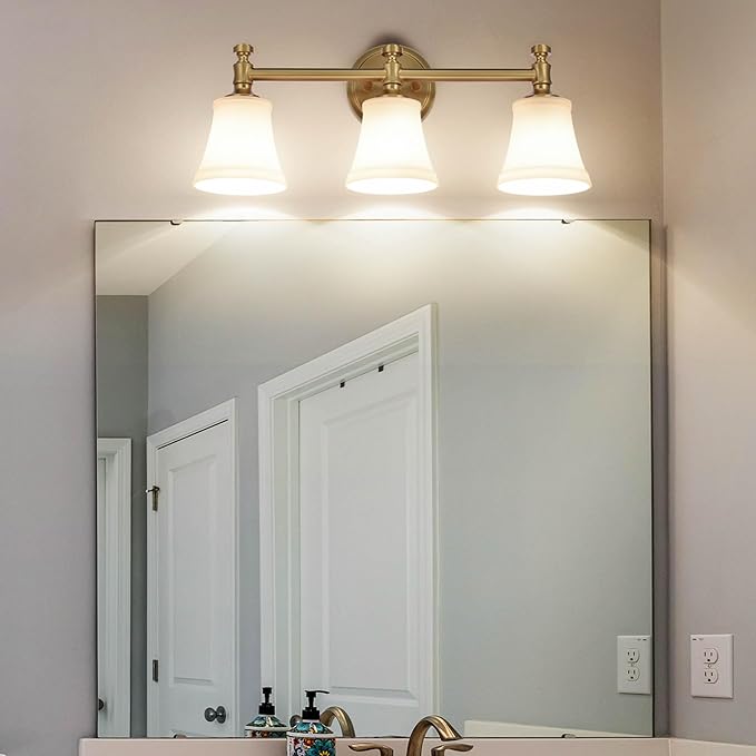 Bathroom Vanity Light Fixtures, Traditional Aged Brass 3 Lights Wall Sconce Lighting with Opal Glass Shade, Porch Wall Mount Light Fixture for Bathroom, Mirror Cabinets Hallway Stairs