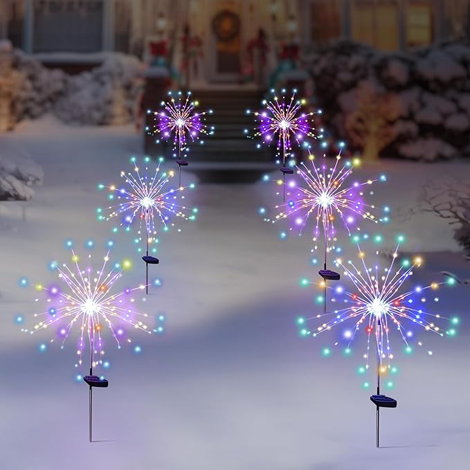 Solar Garden Firework Lights Outdoor Waterproof 6 Pack, 120 LED Sparklers, Colorful, for Patio, Backyard, Sidewalk, Christmas, Parties