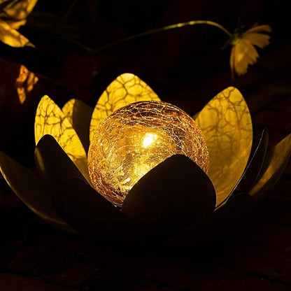 Huaxu Solar Lights Outdoor Garden Decor , Amber Crackle Globe Glass Lotus Decoration,Waterproof Gray Metal Flower Light for Patio,Lawn,Walkway,Tabletop,Ground