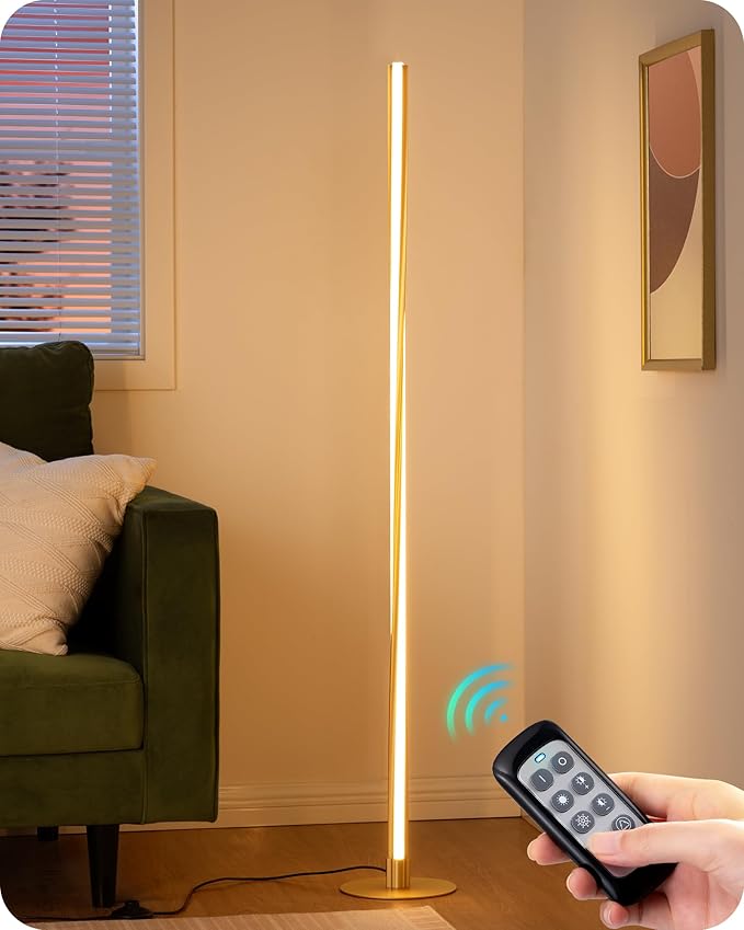 EDISHINE Helix LED Floor Lamp, 56" Tall Pole Lamps 2700K-6000K Dimmable, Remote Control & Foot Switch, Modern Minimalist Standing Corner Lights for Bedroom, Living Room, Office, Gold