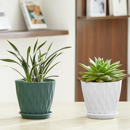 FaithLand 6-Pack 6-Inch Plastic Plant Pots with Saucers | Thickened PP Material, Modern Wave Texture, Enhanced Drainage for Indoor/Outdoor Garden Plants | White Value Set