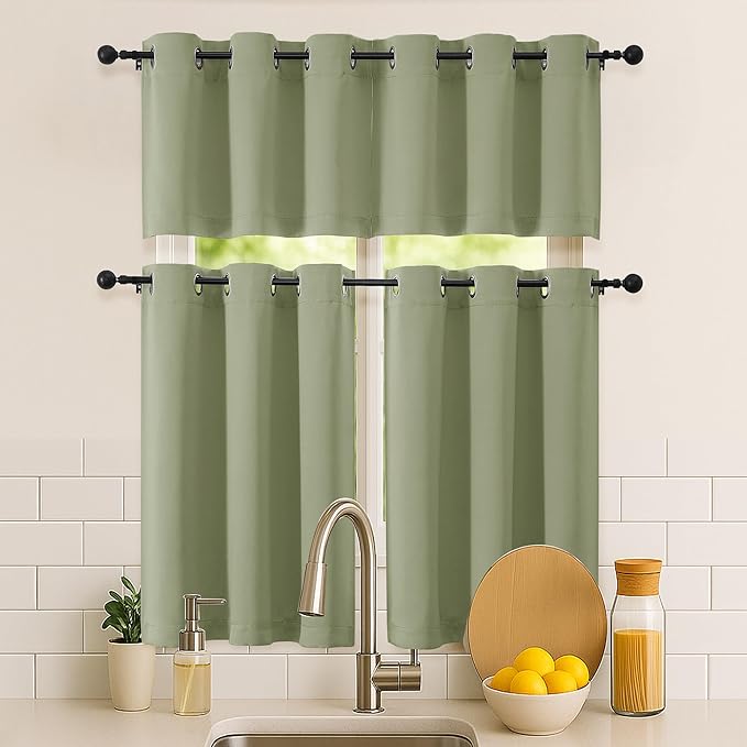 Simplebrand Sage Green Window Valance for Kitchen 14 Inches Long 2 Panels Set, Room Darkening Valance Curtains for Living Room, Grommet Short Privacy Kitchen Curtains for Bedroom Kids Room, 40Wx14L