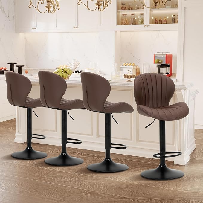 COLAMY Bar Stools Set of 4, Modern Swivel Bar Chairs, Adjustable Faux Leather Upholstered Barstools Counter Height with High Backrest for Bar, Kitchen Island, Dining Room, Brown