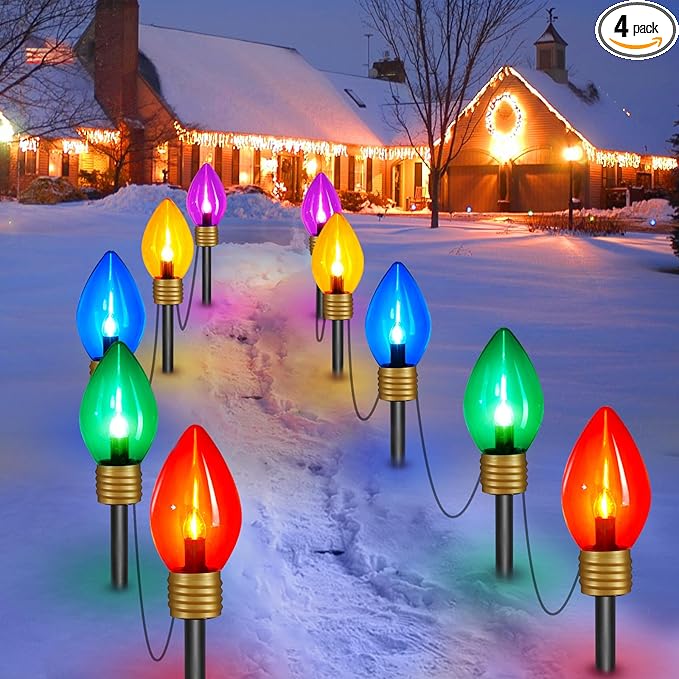 4 Pack Jumbo C9 Christmas Pathway Lights Outdoor - Total 34FT 20 LED C9 Christma Walkway Light, Multicolor Christmas Decoration Outside, Giant Christmas Lights Outdoor for Lawn Holiday Yard